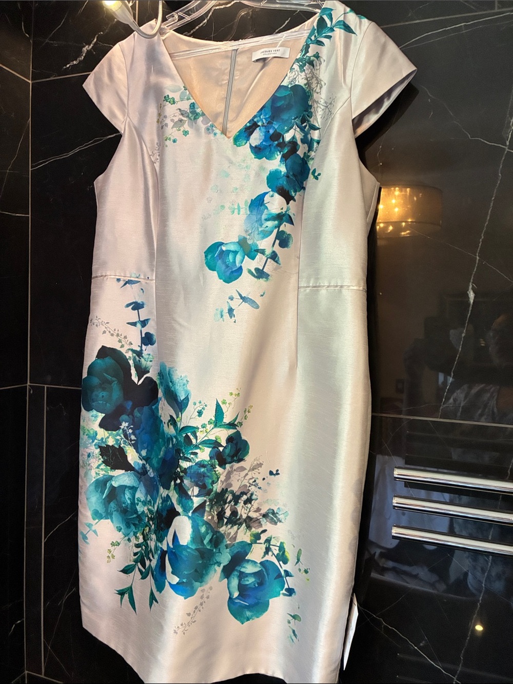 Jacques Vert Floral Evening Dress – Silver Grey, Turquoise & Ocean Blue